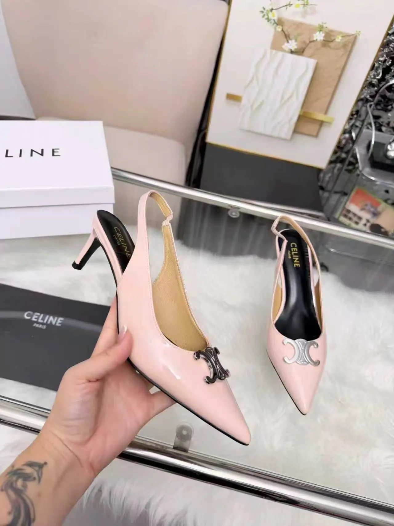 ELIN High Heels Pointed-Toe Slingback Kitten with Metal Logo Accent — 7