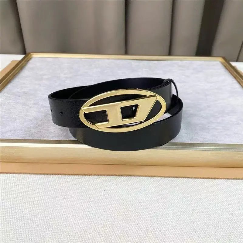Diesel Belts Oval D-logo buckle belt — 3.8 cm Black bright gold buckle