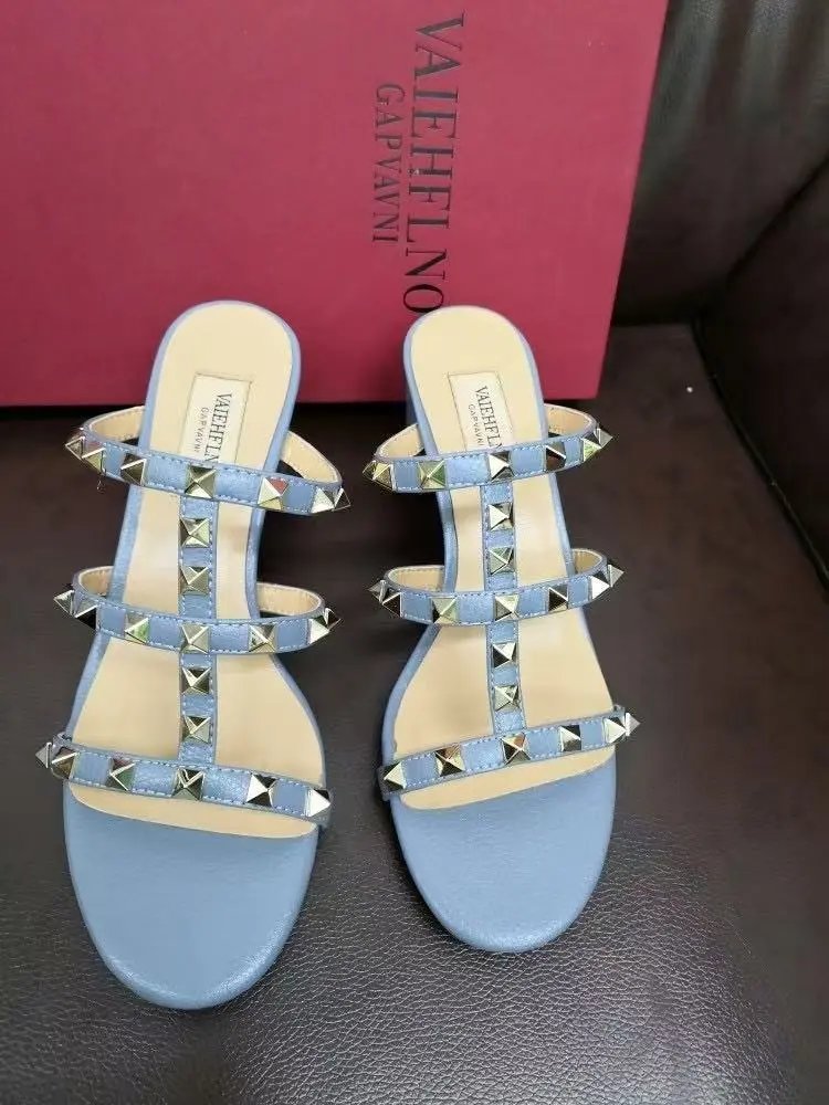 Unbranded Sandals Studded multi-strap open-toe slide — blue thick heel