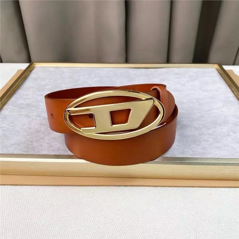 Diesel Belts Oval D-logo buckle belt — 3.8 cm Brown bright gold buckle
