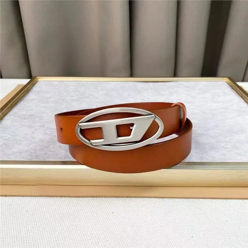 Diesel Belts Oval D-logo buckle belt — 3.0 cm Brown ancient silver buckle
