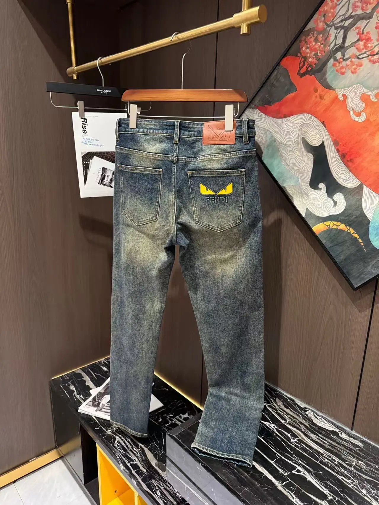 Dior Men's Oblique Bee Embroidery Slim Fit Blue Jeans - 10