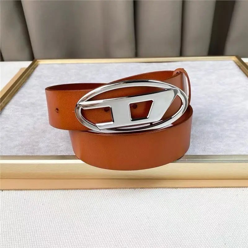 Diesel Belts Oval D-logo buckle belt — 3.0 cm Brown bright silver buckle