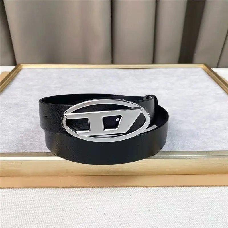 Diesel Belts Oval D-logo buckle belt — 3.0 cm Bright black silver buckle