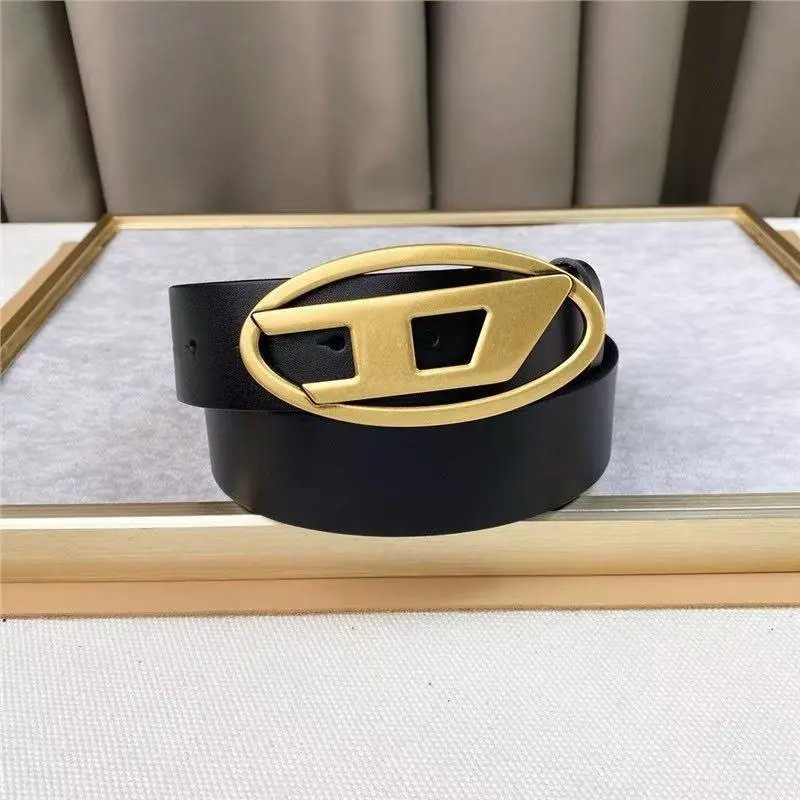 Diesel Belts Oval D-logo buckle belt — 3.8 cm Black ancient gold buckle