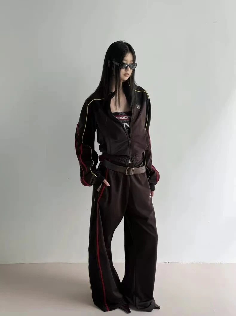 Burgundy And Brown Color-Blocked Vintage Sports Set Slim-Fit Zipper Jacket
