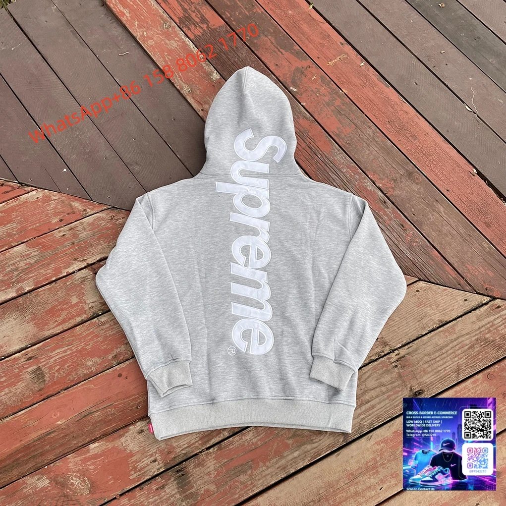 Supreme Satin Applique Sweater Hooded Heather Grey