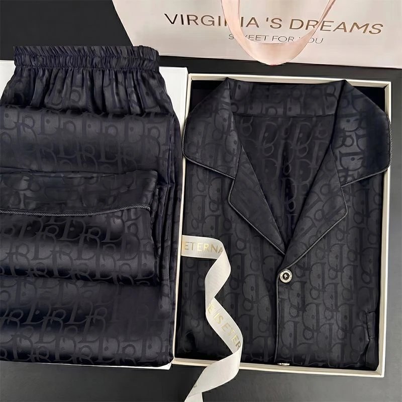 Spring and autumn ice silk pajamas for men, three-piece set, thin, high-end, simulated silk, summer shorts and trousers, men’s home clothes (please note men’s and women’s sizes required)