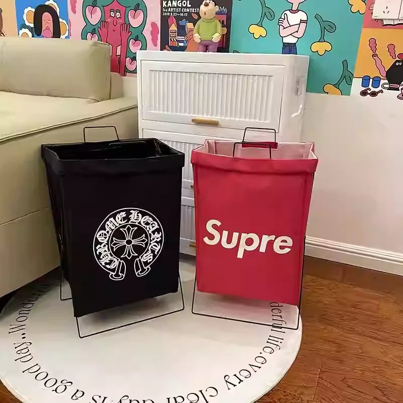 Cartoon Trendy Iron Frame Off Ground Dirty Clothes Storage Basket Bathroom Waterproof Foldable Basket Miscellaneous Sorting Storage Basket Bucket