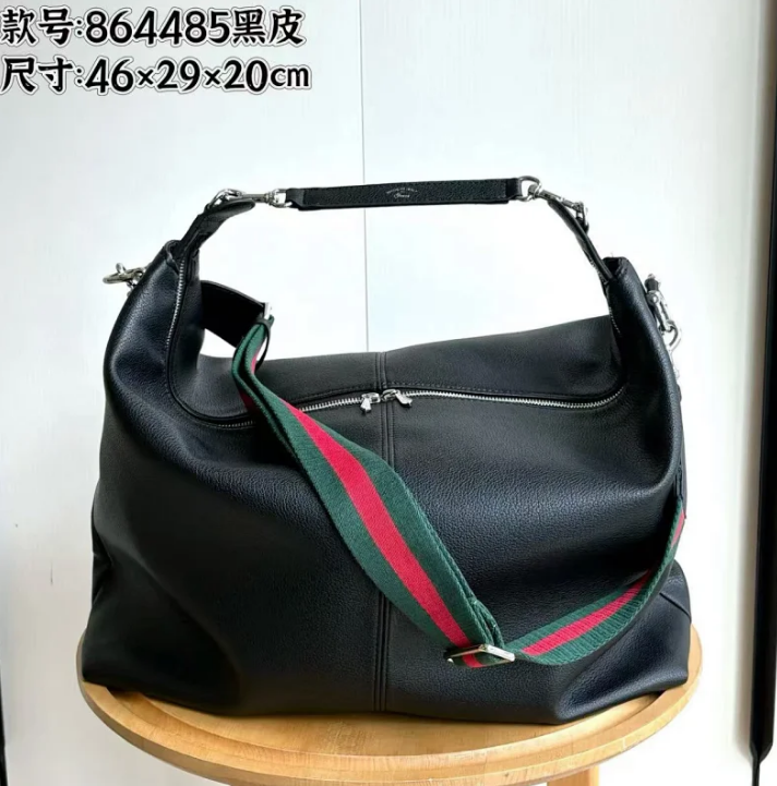 Black Leather Hobo Bag with Green and Red Stripe Webbing Strap