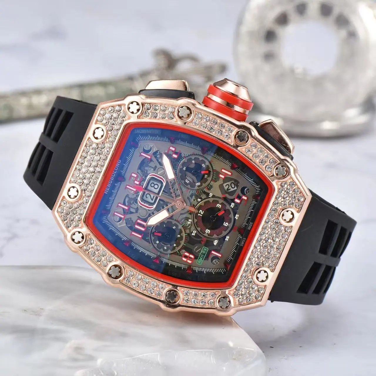 Unbranded Watches Tonneau Skeleton Dial Rhinestone Watch with Rubber Strap image 2