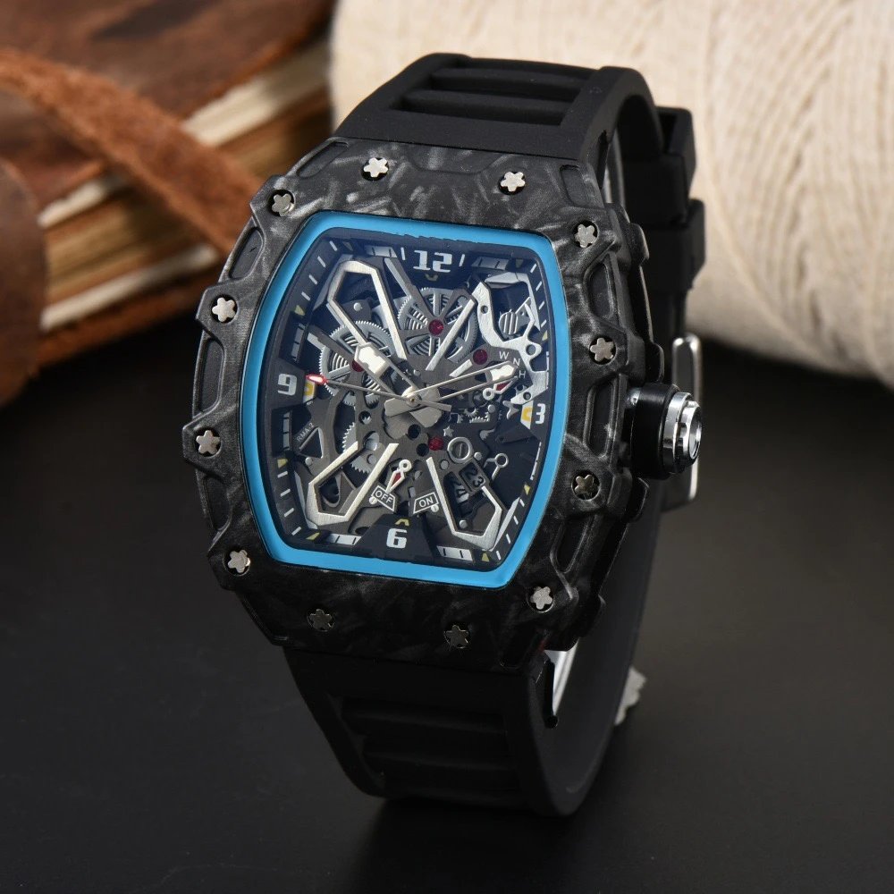 Unbranded Watches Tonneau Skeleton Dial Rhinestone Watch with Rubber Strap — 24