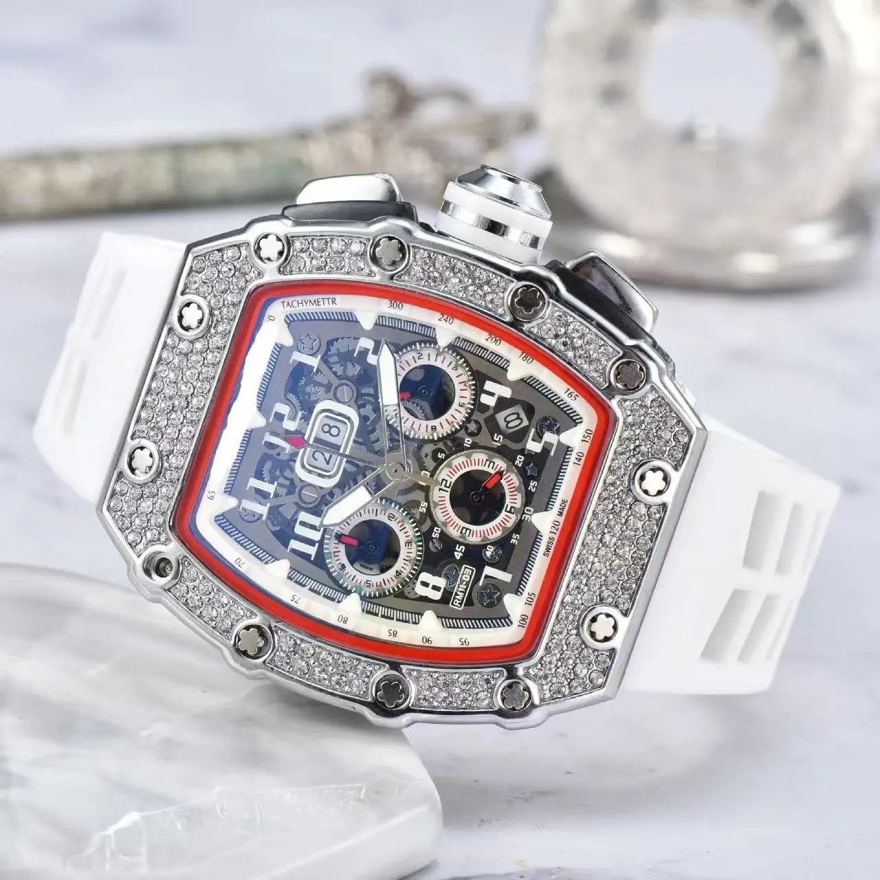 Unbranded Watches Tonneau Skeleton Dial Rhinestone Watch with Rubber Strap image 5
