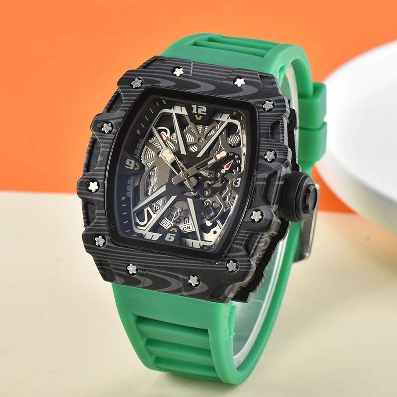 Unbranded Watches Tonneau Skeleton Dial Rhinestone Watch with Rubber Strap — 35
