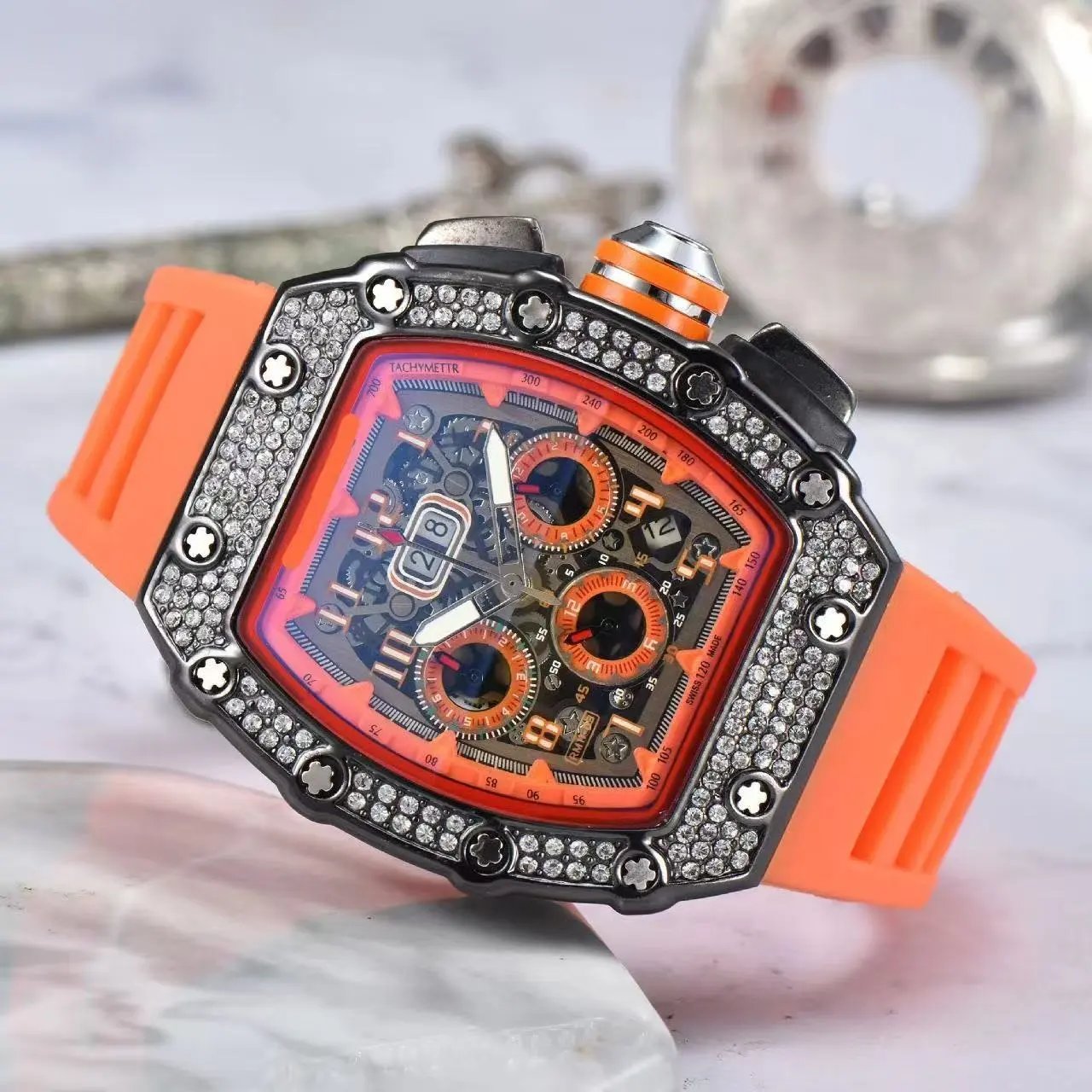 Unbranded Watches Tonneau Skeleton Dial Rhinestone Watch with Rubber Strap — 17