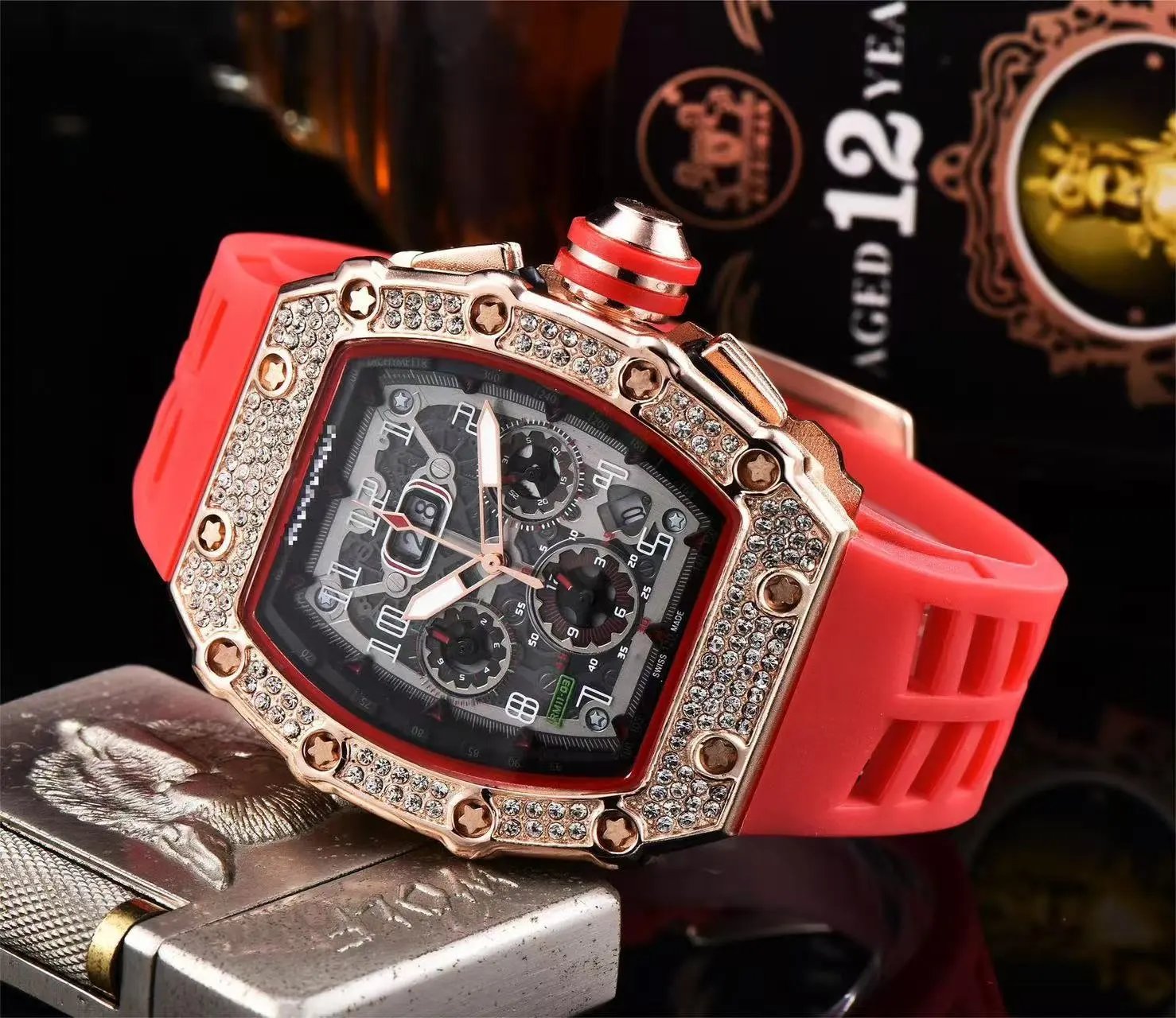 Unbranded Watches Tonneau Skeleton Dial Rhinestone Watch with Rubber Strap — 15