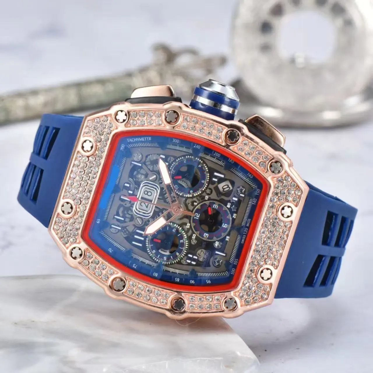 Unbranded Watches Tonneau Skeleton Dial Rhinestone Watch with Rubber Strap — 16