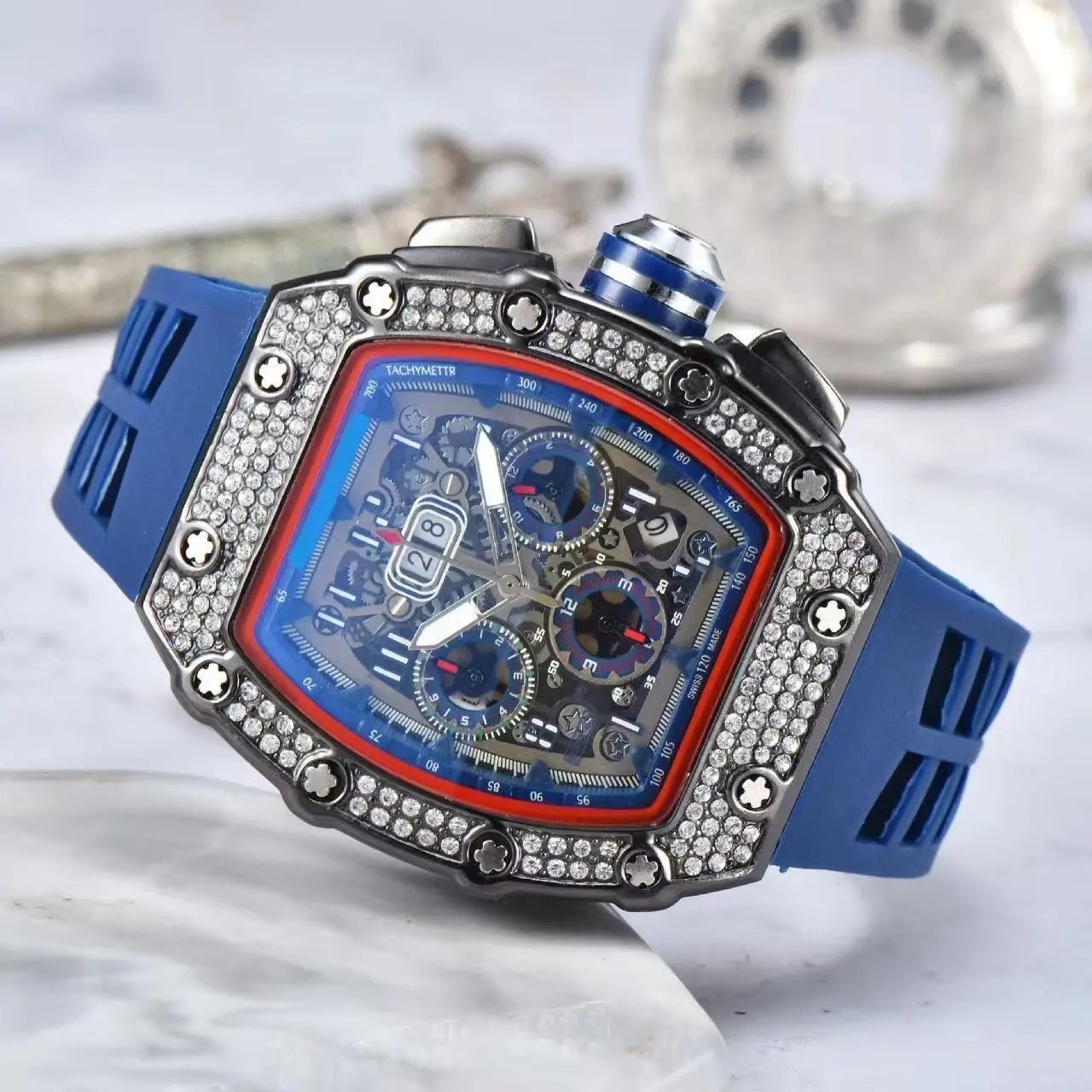 Unbranded Watches Tonneau Skeleton Dial Rhinestone Watch with Rubber Strap image 3