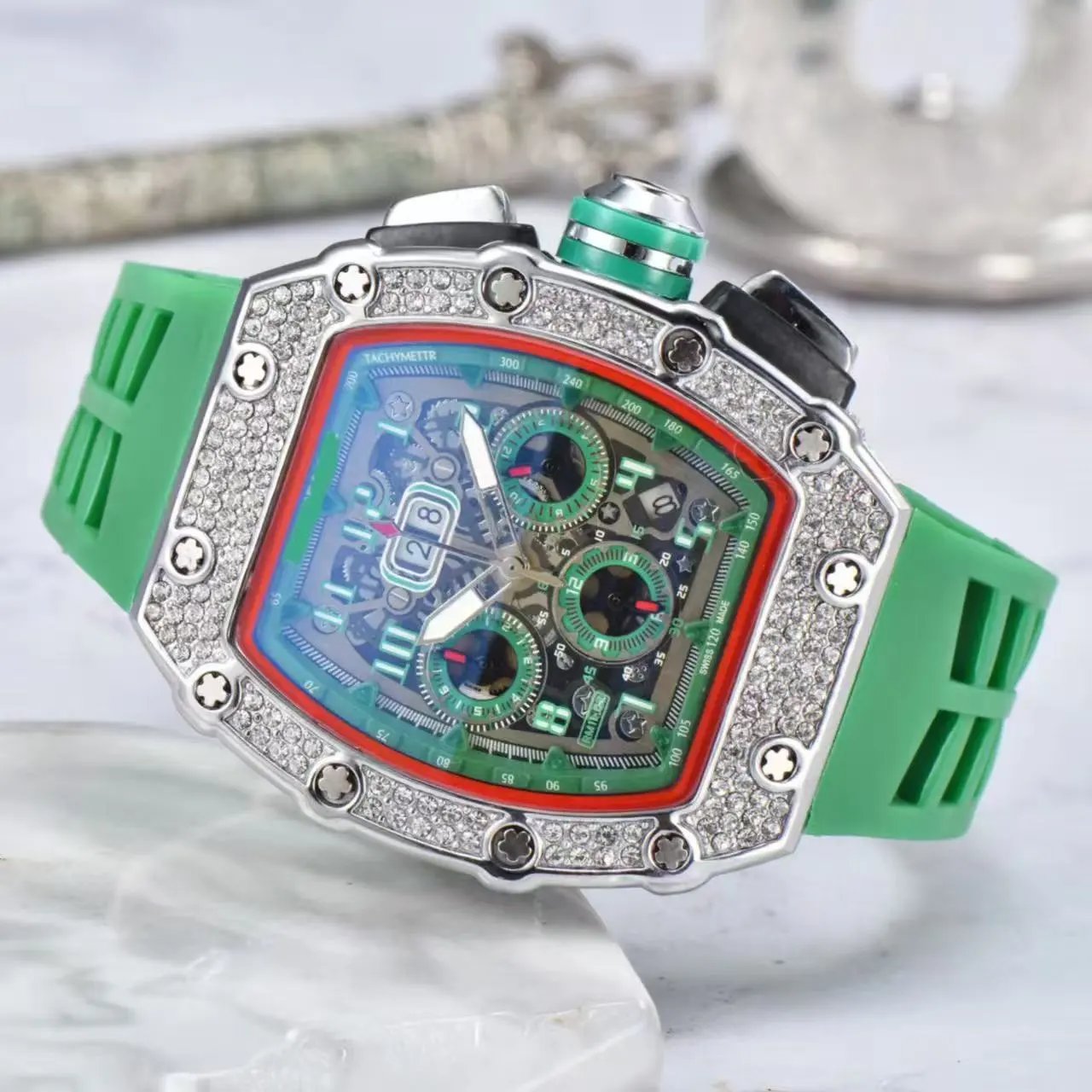 Unbranded Watches Tonneau Skeleton Dial Rhinestone Watch with Rubber Strap — 18