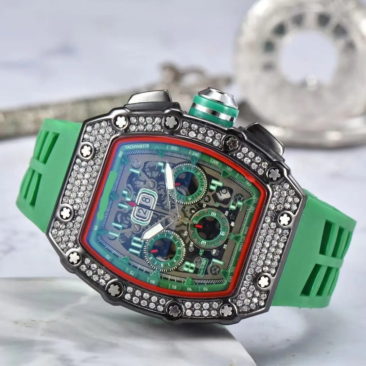 Unbranded Watches Tonneau Skeleton Dial Rhinestone Watch with Rubber Strap image 7