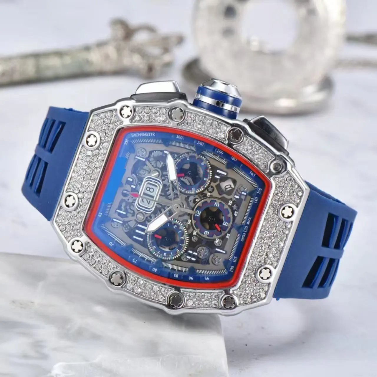 Unbranded Watches Tonneau Skeleton Dial Rhinestone Watch with Rubber Strap — 5