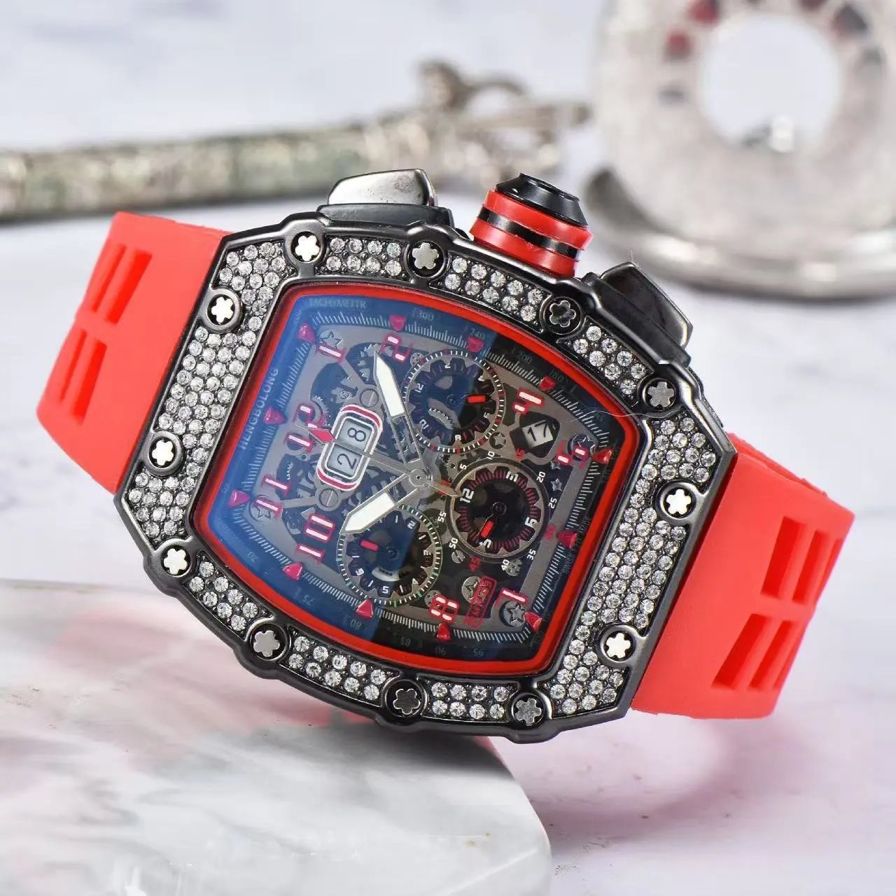 Unbranded Watches Tonneau Skeleton Dial Rhinestone Watch with Rubber Strap image 4