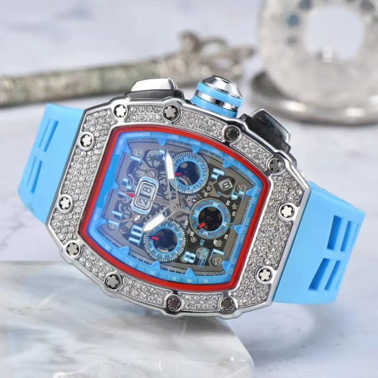 Unbranded Watches Tonneau Skeleton Dial Rhinestone Watch with Rubber Strap — 7