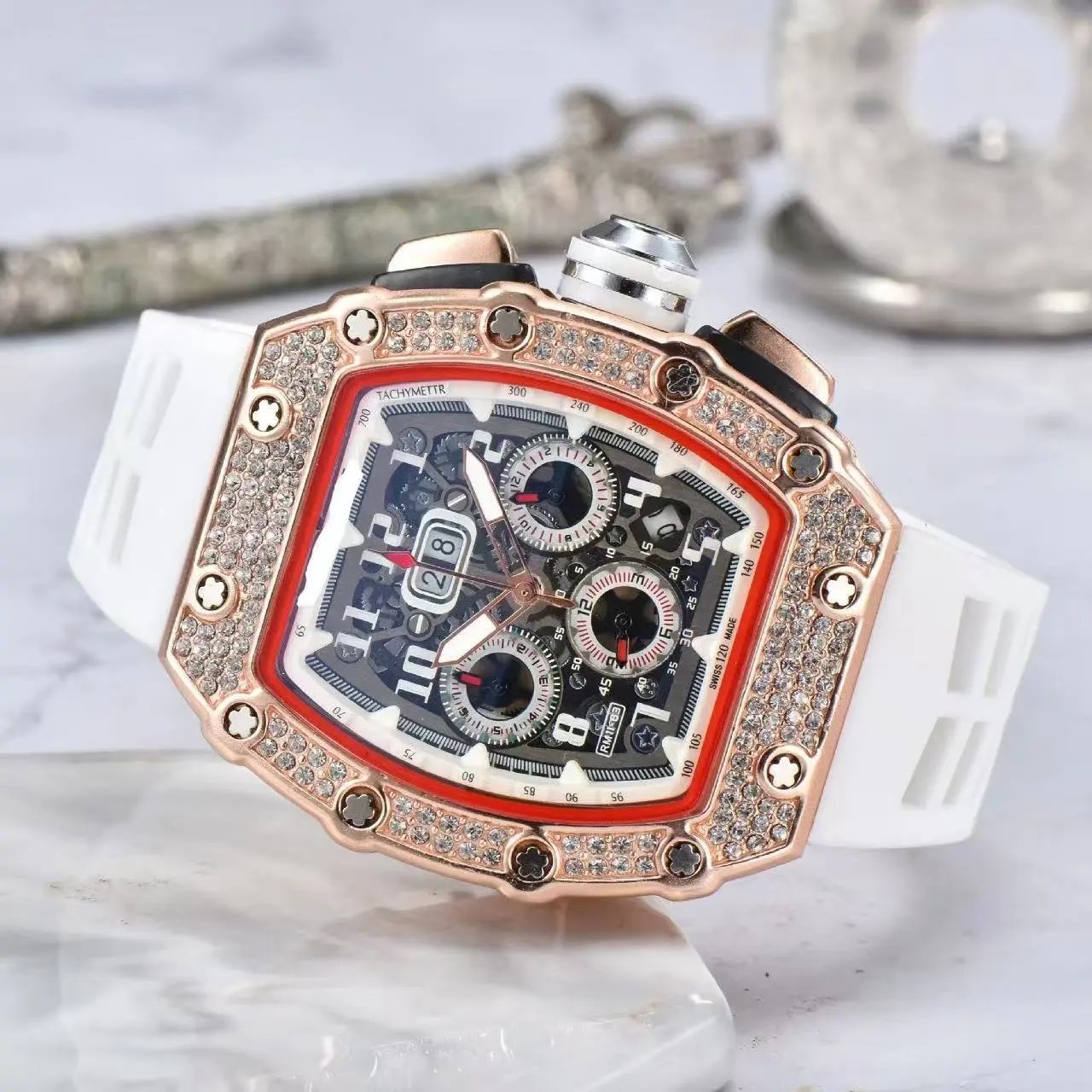 Unbranded Watches Tonneau Skeleton Dial Rhinestone Watch with Rubber Strap — 14