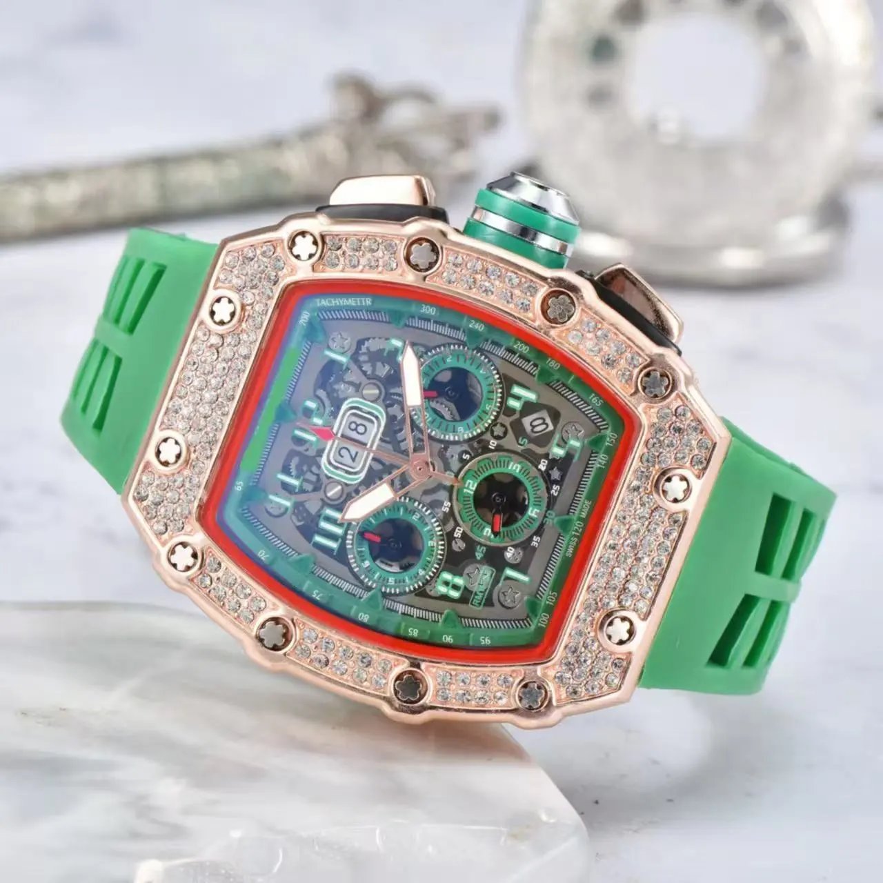 Unbranded Watches Tonneau Skeleton Dial Rhinestone Watch with Rubber Strap — 4