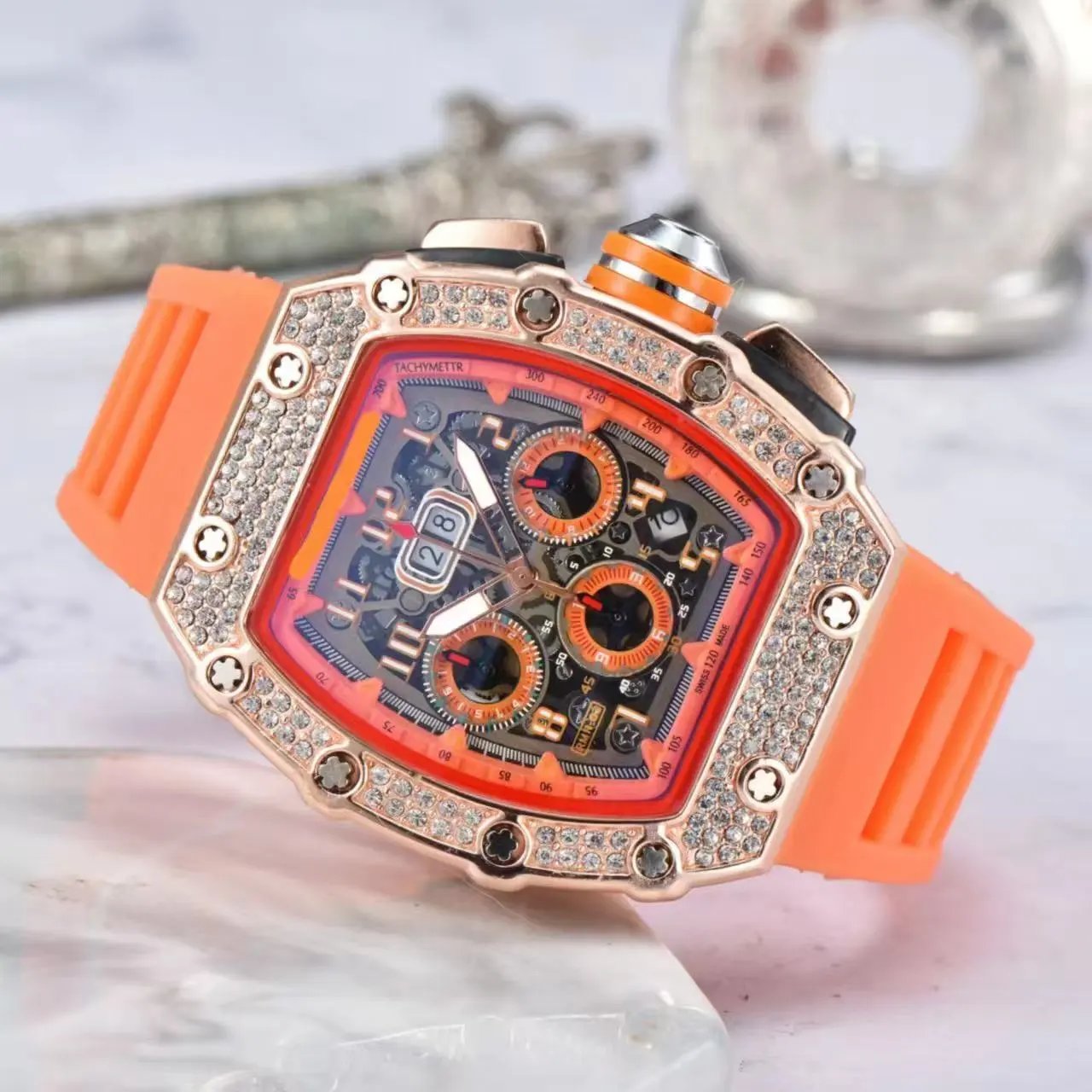 Unbranded Watches Tonneau Skeleton Dial Rhinestone Watch with Rubber Strap — 8