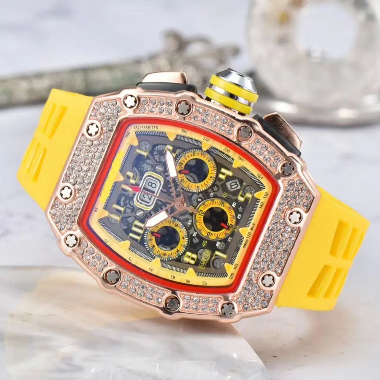 Unbranded Watches Tonneau Skeleton Dial Rhinestone Watch with Rubber Strap — 20