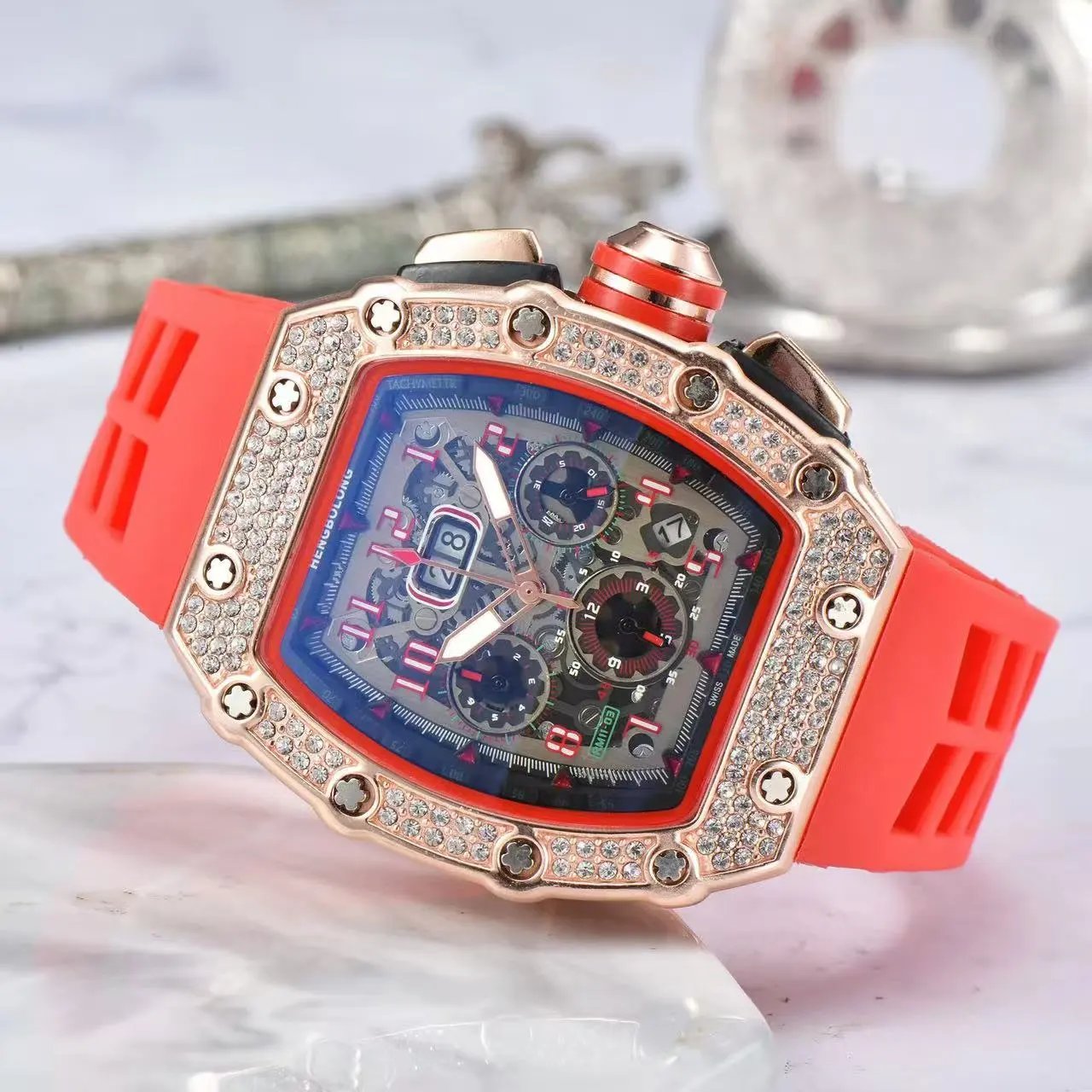 Unbranded Watches Tonneau Skeleton Dial Rhinestone Watch with Rubber Strap — 3