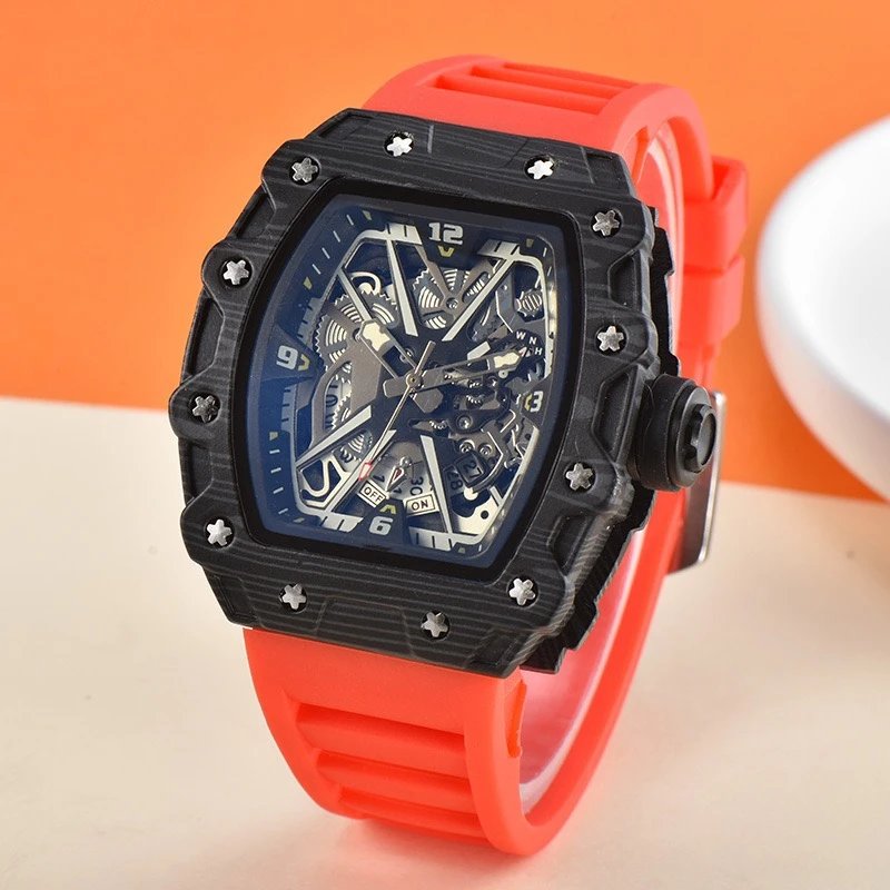Unbranded Watches Tonneau Skeleton Dial Rhinestone Watch with Rubber Strap — 30