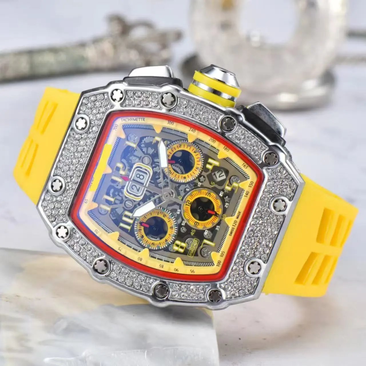 Unbranded Watches Tonneau Skeleton Dial Rhinestone Watch with Rubber Strap — 6