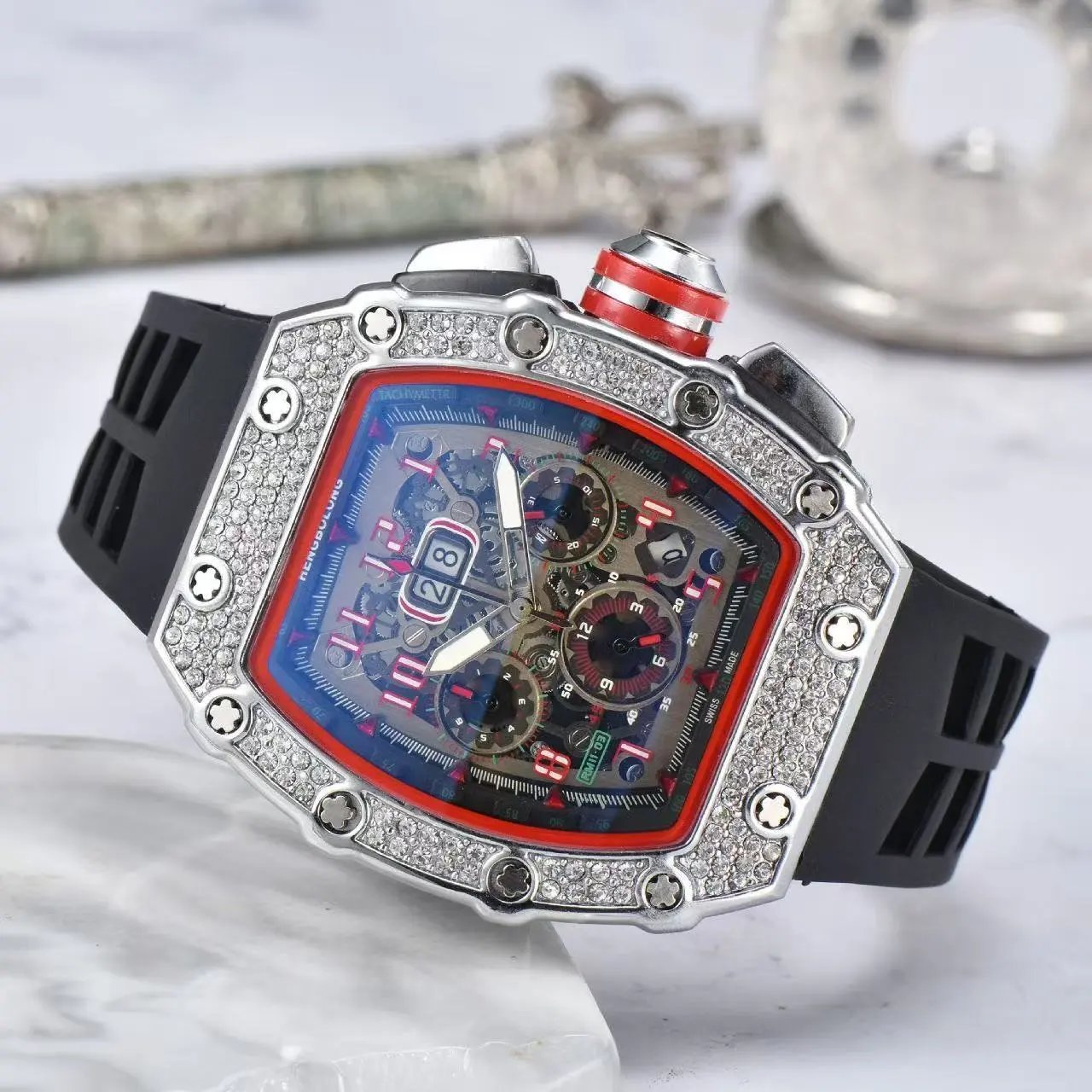 Unbranded Watches Tonneau Skeleton Dial Rhinestone Watch with Rubber Strap — 19