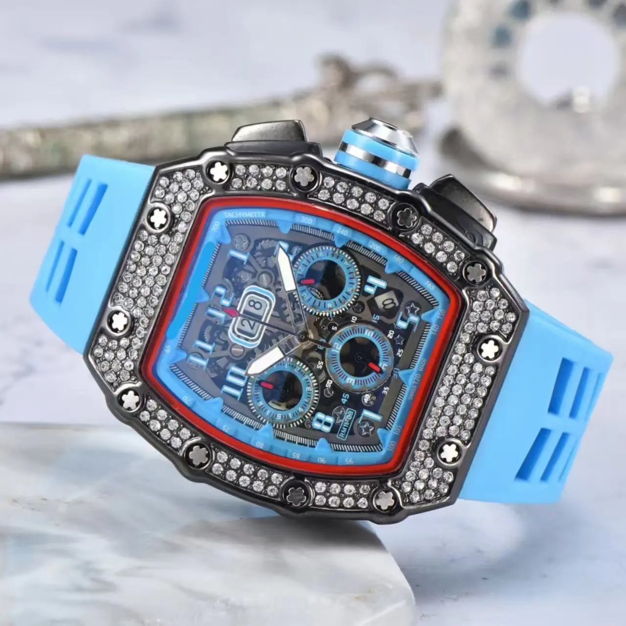Unbranded Watches Tonneau Skeleton Dial Rhinestone Watch with Rubber Strap — 9
