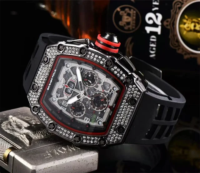 Unbranded Watches Tonneau Skeleton Dial Rhinestone Watch with Rubber Strap product detail image 1
