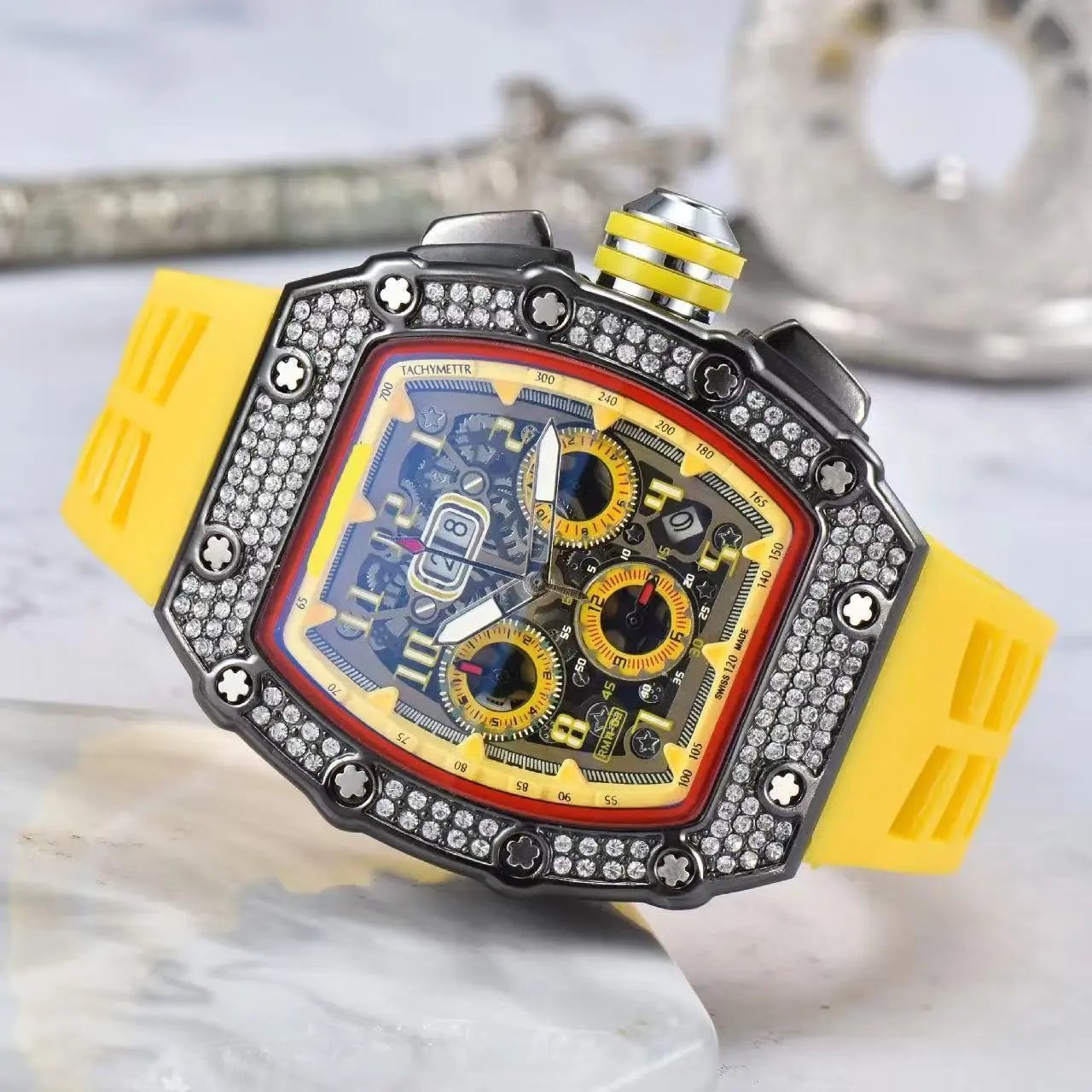 Unbranded Watches Tonneau Skeleton Dial Rhinestone Watch with Rubber Strap — 13