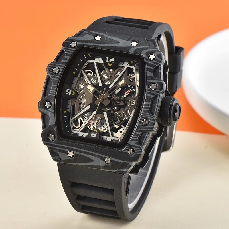 Unbranded Watches Tonneau Skeleton Dial Rhinestone Watch with Rubber Strap — 39