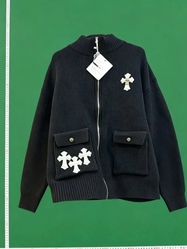 Chrome Hearts Knitwear Zip-Front Ribbed Knit Cardigan with Cross Patches product detail image 1