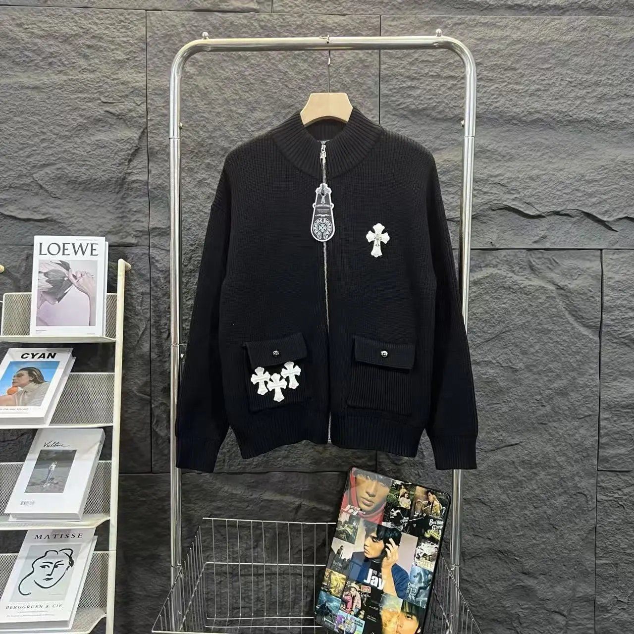 Chrome Hearts Knitwear Zip-Front Ribbed Knit Cardigan with Cross Patches — 03