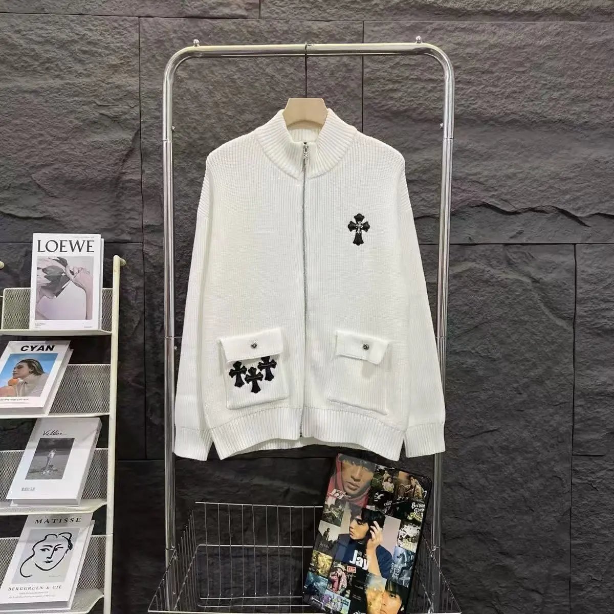 Chrome Hearts Knitwear Zip-Front Ribbed Knit Cardigan with Cross Patches — 04