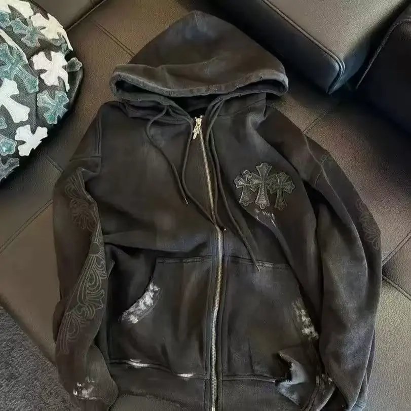Chrome Hearts Knitwear Zip-Front Ribbed Knit Cardigan with Cross Patches — 05