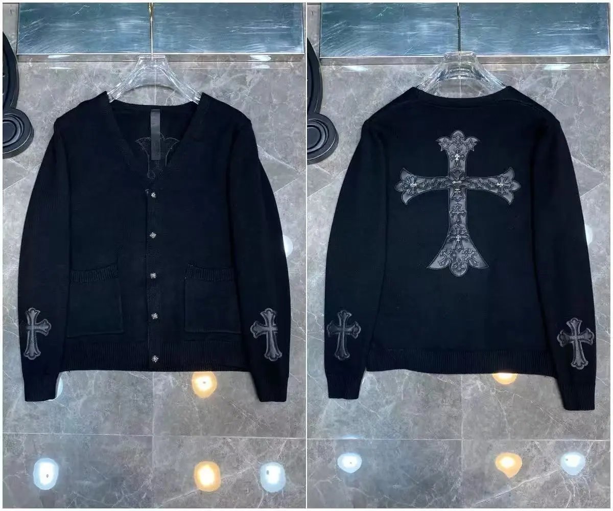 Chrome Hearts Knitwear Zip-Front Ribbed Knit Cardigan with Cross Patches — 34