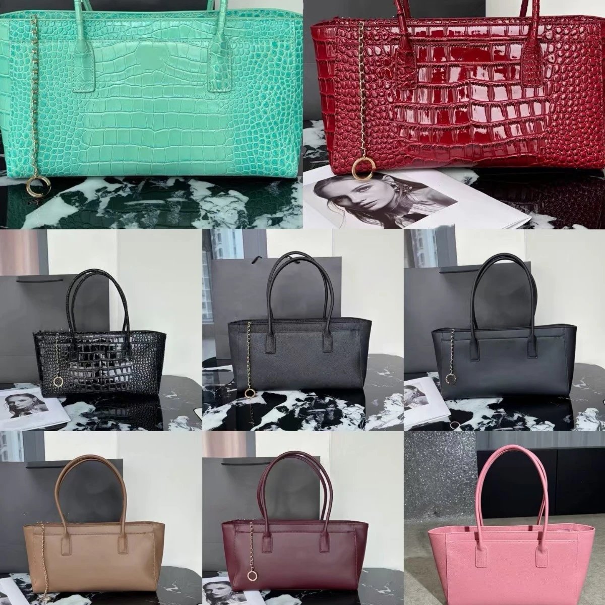 Neue Frühjahrs-Tote-Bag 2026 im eleganten Tweed-Stil, Rindsleder mit Krokoprägung, geräumige Damen-Schulter- und Handtasche