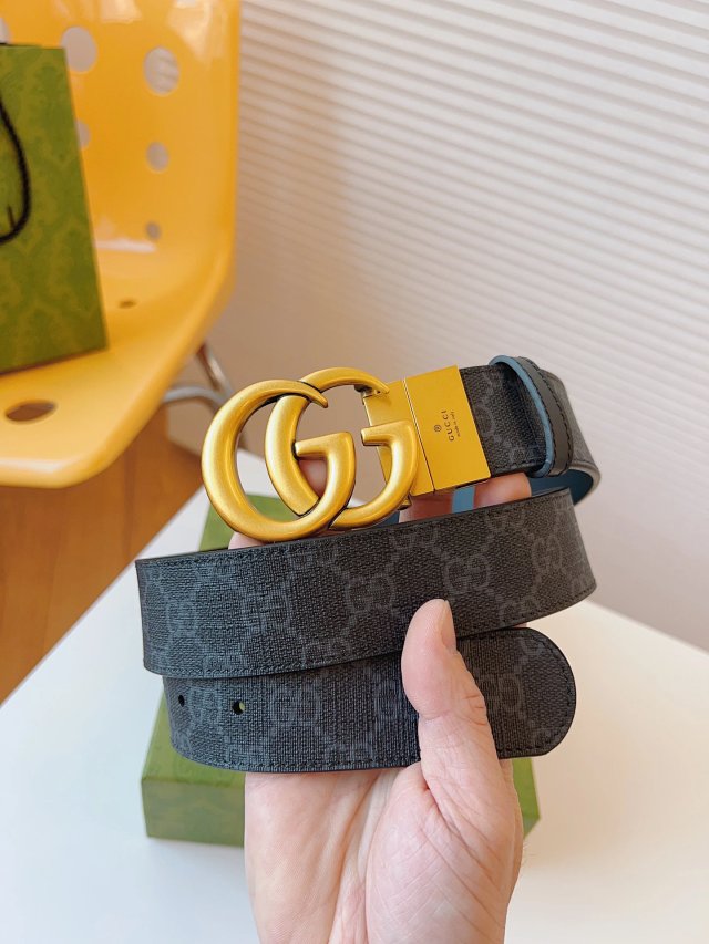 Gucci Gucci Black Gray GG Leather Belt Gold Buckle - Buy on Mulebuy Sheets