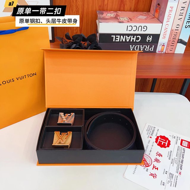 Louis Vuitton Black Leather Double Buckle Belt Set