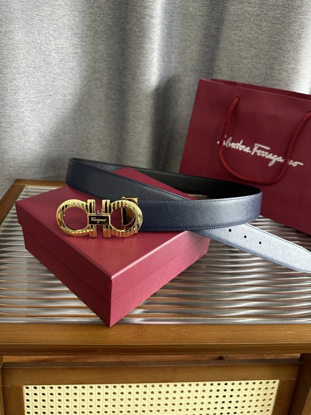 Salvatore Ferragamo Salvatore Ferragamo Navy Leather Belt Gold Gancini Buckle - Buy on Mulebuy Sheets