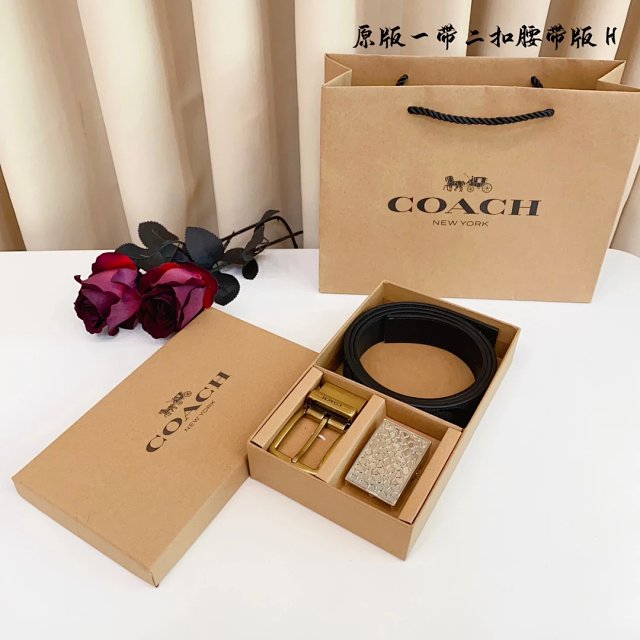 Coach Classic Black Leather Men’s Adjustable Belt Set