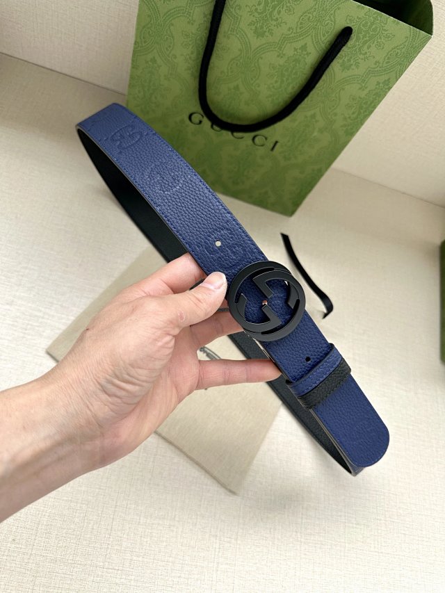 Gucci Blue Leather Belt Double G Black Buckle Unisex
